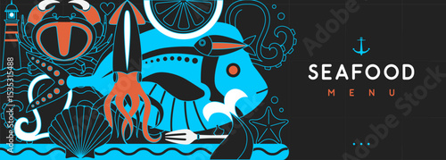 Flat seafood poster or banner with crab, fish, octopus, scallop and lighthouse. Restaurant seafood menu design. Vector illustration