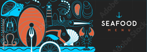 Flat seafood poster or banner with lobster, fish, shrimp, oysters, octopus and lighthouse. Restaurant seafood menu design. Vector illustration