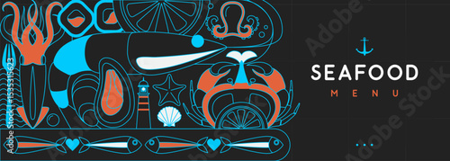 Flat seafood poster or banner with crab, fish, shrimp, squid, octopus and lighthouse. Restaurant seafood menu design. Vector illustration