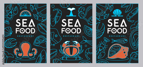 Set of Seafood restaurant posters or menu design with crab, octopus and rapana. Vector illustration