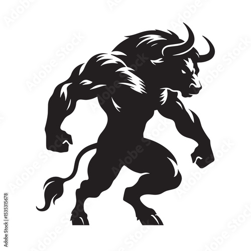 Striking Vector Minotaur Labyrinth Dweller Concept Image with Solid Stance and Rugged Texture - minotaur silhouette - minotaur vector - silhouette of minotaur
