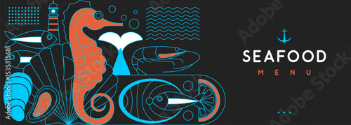 Flat seafood poster or banner with salmon, fish, shrimp, oysters, sea horse and lighthouse. Restaurant seafood menu design. Vector illustration
