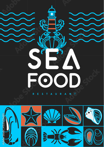 Flat seafood poster or banner with  fish, shrimp, oysters, octopus, shell and lobster. Restaurant seafood menu design. Vector illustration