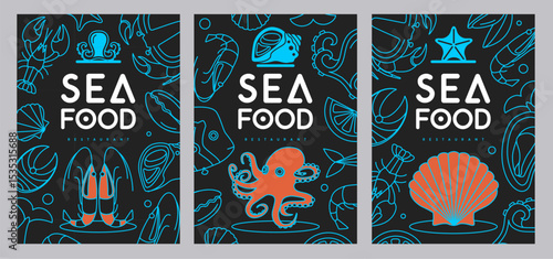 Set of Seafood restaurant posters or menu design with shrimps, octopus and scallop. Vector illustration