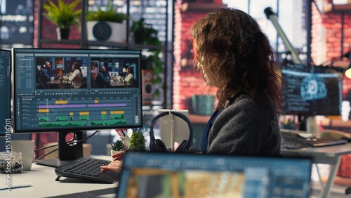 Fotografía Young woman video editor working with dual monitors in creative agency, editing video footage and does color grading for the creative process