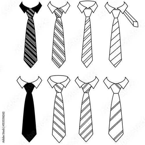 Hand-drawn sketch set of collars with ties on a white background. Collar with no tie, bow tie and brooch pin,  collar with cravat neckerchief, continental tie, simple traditional tie with no patterns