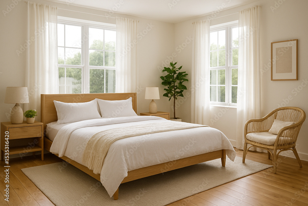Fototapeta premium Spacious Bedroom with Open Windows and Fresh Vibes
