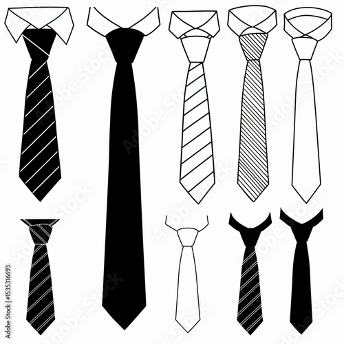 Hand-drawn sketch set of collars with ties on a white background. Collar with no tie, bow tie and brooch pin,  collar with cravat neckerchief, continental tie, simple traditional tie with no patterns