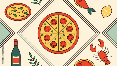 Delicious hand drawn food and beverage arrangement in a decorative geometric pattern vector
