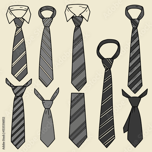 Hand-drawn sketch set of collars with ties on a white background. Collar with no tie, bow tie and brooch pin,  collar with cravat neckerchief, continental tie, simple traditional tie with no patterns