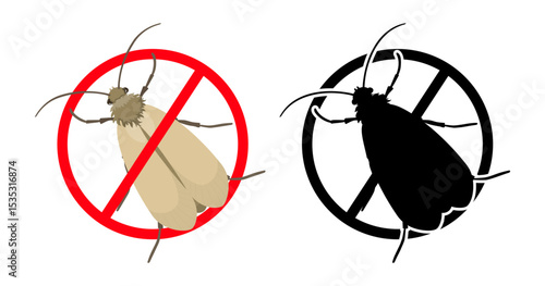 Stop clothes moth sign with insect silhouette and color image