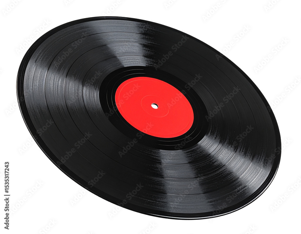 Fototapeta premium Tilted Vintage Vinyl Disc with Glossy Grooves and Red Label, PNG Cutout