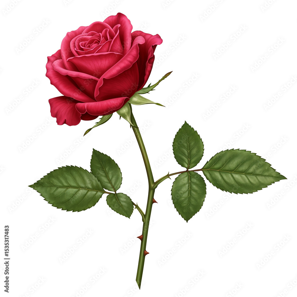 Fototapeta premium Single red rose stem isolated on transparent background