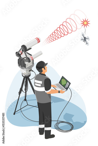 Security operator using electronic jammer system to disable unauthorized flying drone during surveillance mission in restricted airspace