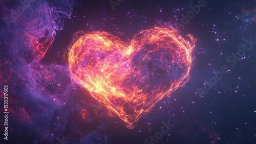 Vibrant heart-shaped nebula glowing in cosmic space, surrounded by colorful stardust and galaxies