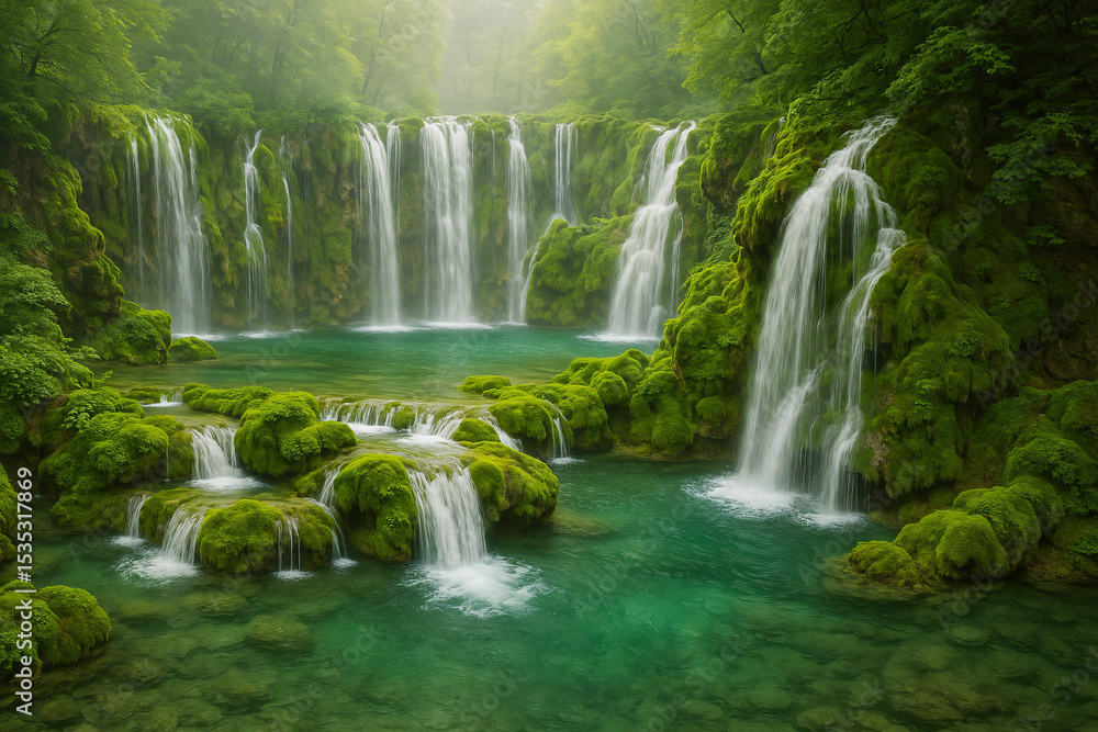 Fototapeta premium Lush green moss covered rocks and waterfalls cascade into a clear turquoise pool in a dense forest