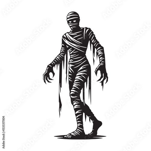 Imposing Dark Mummy Ancient Wrapped Figure Silhouette Outline with Crumbling Bandages and Eerie Stance - mummy silhouette - mummy vector - silhouette of mummy - Mummy illustration
