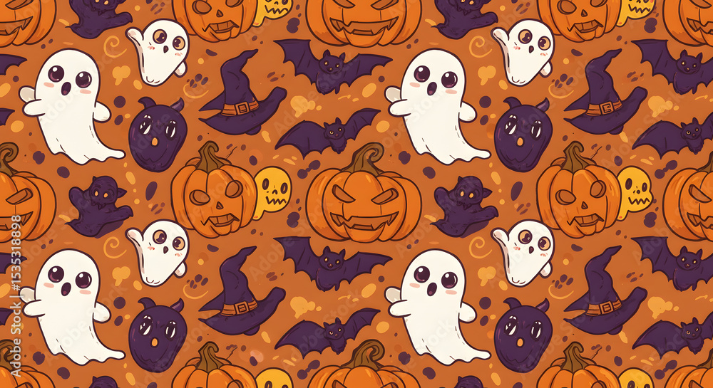 Fototapeta premium Adorable Halloween Seamless Pattern Ghosts, Pumpkins, Bats