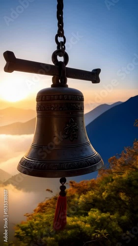 Wallpaper Mural Suspended metal bell with red tassel against hazy mountain backdrop at sunrise, creating a serene and spiritual atmosphere. Torontodigital.ca