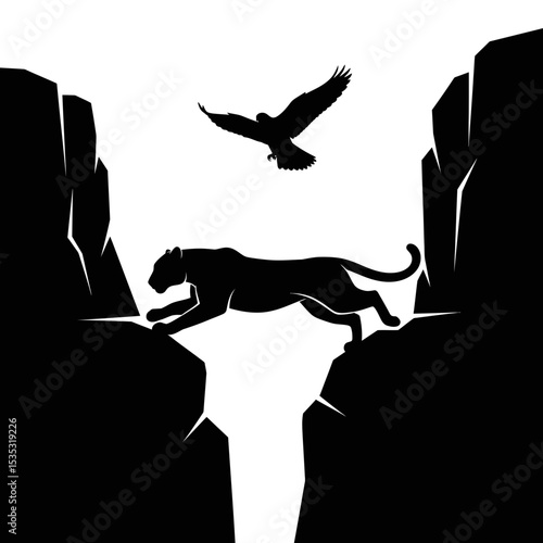Arabian Wildlife Icon: Leopard Leaping Cliffs, Falcon Flying Silhouette