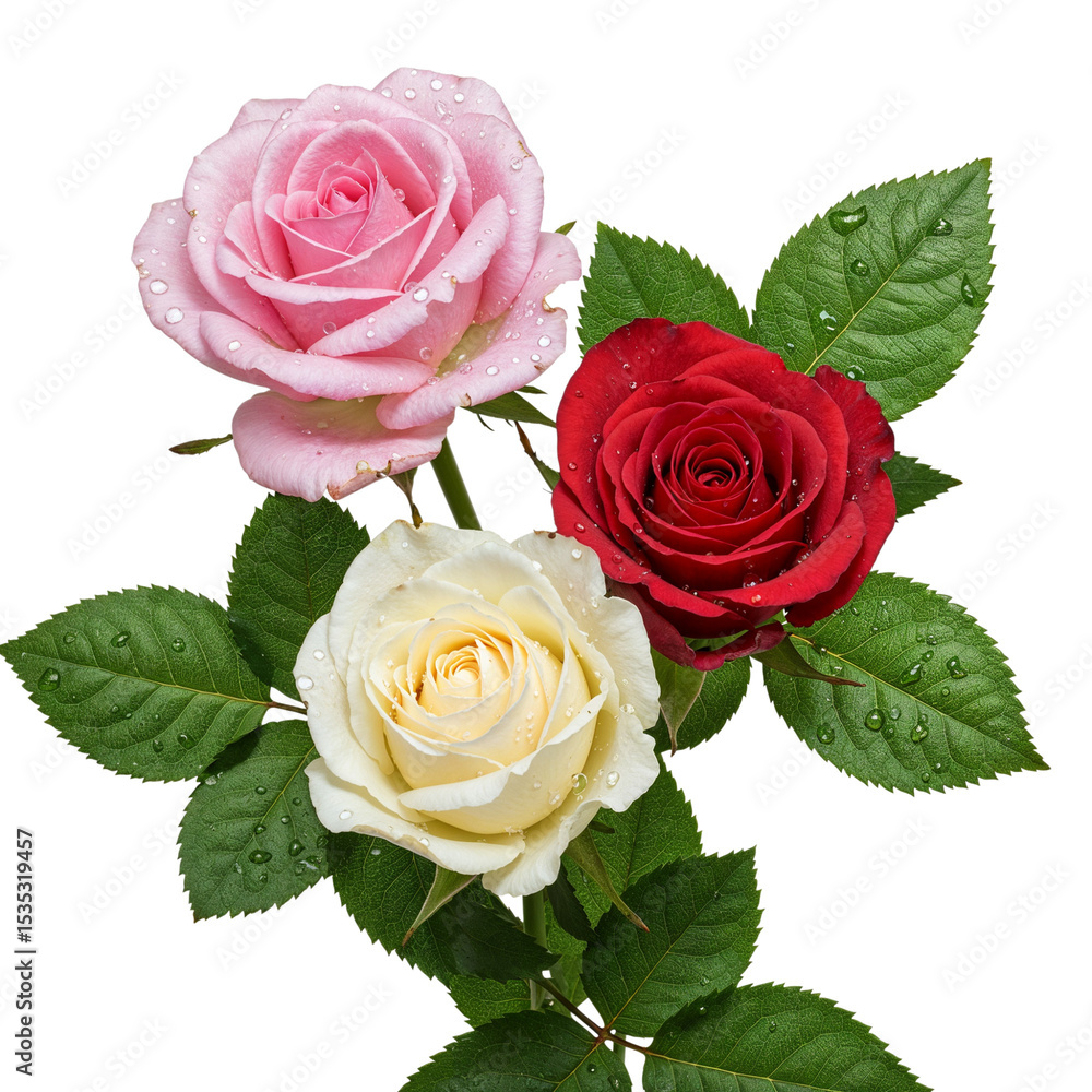 Fototapeta premium Three roses bouquet pink red white isolated on transparent background