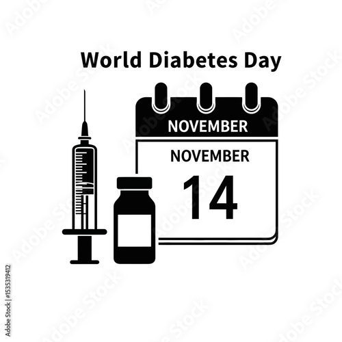 World Diabetes Day Icon: Syringe, Insulin, November 14 Calendar