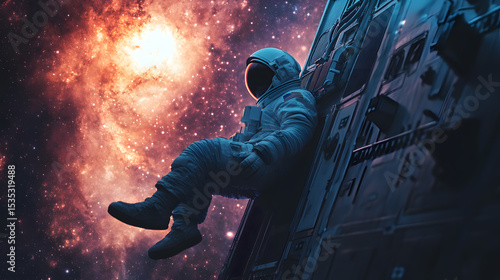 Astronaut Resting on Spacecraft Against a Vibrant Galactic Background