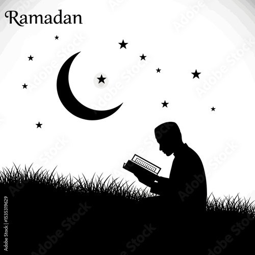 Quran Reading During Ramadan Icon: Person Under Crescent Moon Silhouette