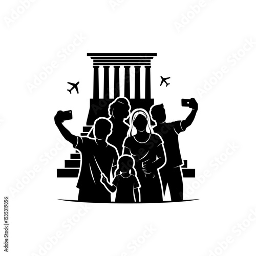 Sustainable Tourism Revival Icon: Diverse Tourists & Monument Selfie