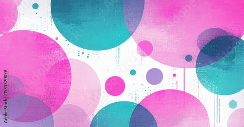 Abstract background features overlapping circles. Pink, turquoise, purple hues create vibrant texture. White space provides contrast.