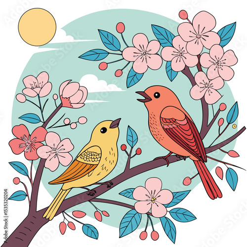 Two birds, one yellow and one orange, perched on a branch with pink flowers, light blue background with a sun and clouds