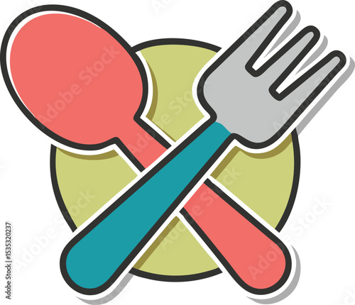 A red spoon and a grey fork crossed over a green circle in a white background