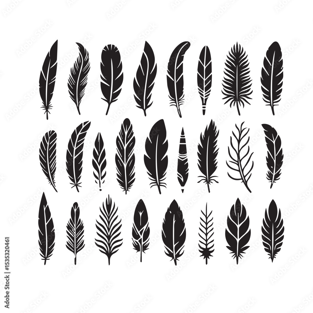 Bird Feather Silhouettes Vector Black Plumelet Collection Isolated on White
Bird Feather Silhouettes Vector Black Plumelet Collection Isolated on White