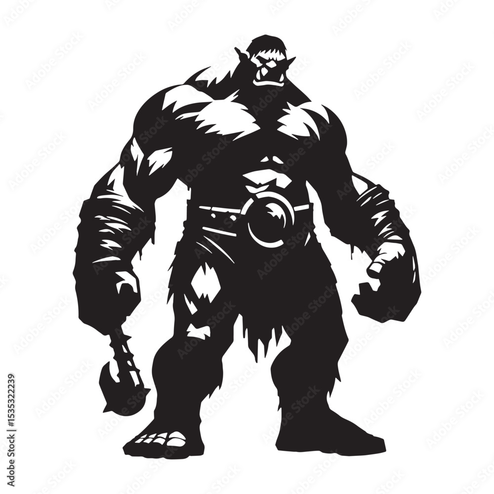 Fototapeta premium Darkened Ogre Elusive Wilderness Dweller Depiction Outline with Rocky Landscape - ogre silhouette - ogre vector - silhouette of ogre - Ogre illustration 