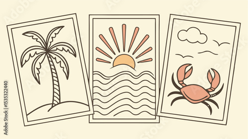 Hand drawn beach scenes with palm tree crab sun and ocean in illustrated frames