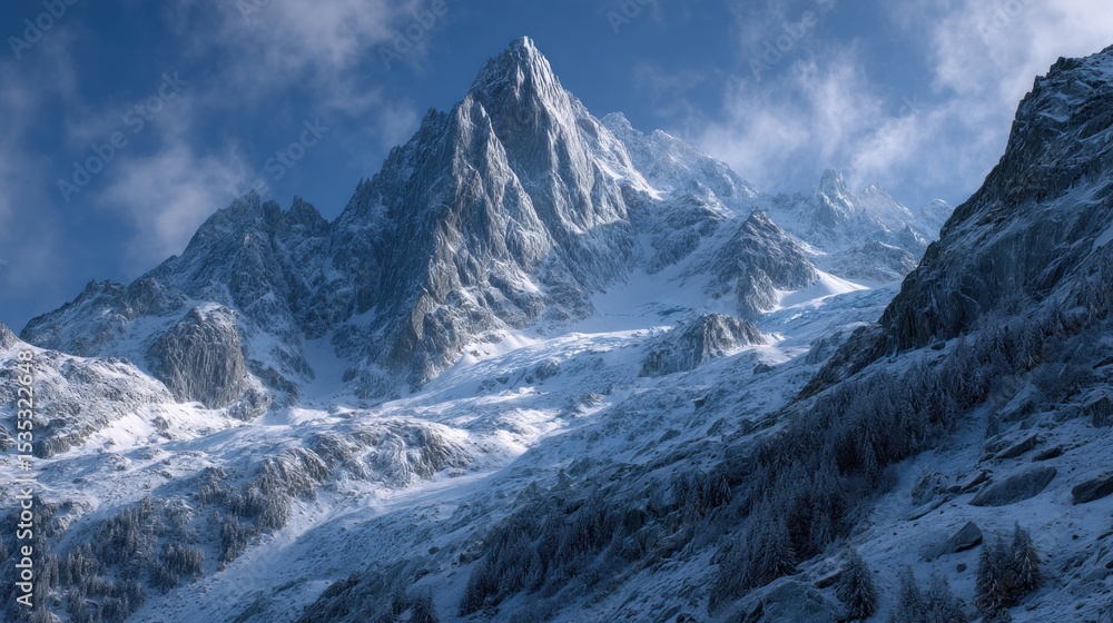 Obraz premium Majestic snow-covered mountain peak landscape with dramatic blue sky view