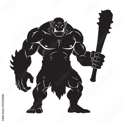 Imposing Dark Ogre Hulking Brute Silhouette Outline with Menacing Stature and Club - ogre silhouette - ogre vector - silhouette of ogre - Ogre illustration

