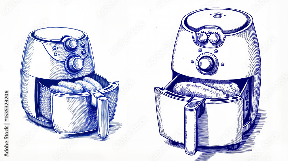 Obraz premium Air fryer sketches in blue ink on white background concept of Collage with vintage sketches, done in blue ink on white background 