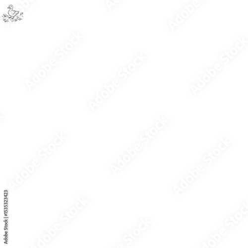 line art illustration of whimsical duckling standing on ground with scattered petals and soft details concept of spring easter animal, children's print, nursery wallart