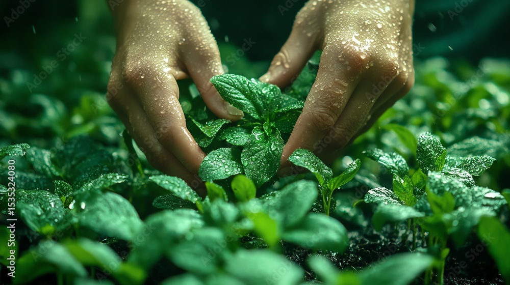 Hands nurturing green plants in a vibrant garden setting. Hands nurturing green plants in a vibrant garden setting.