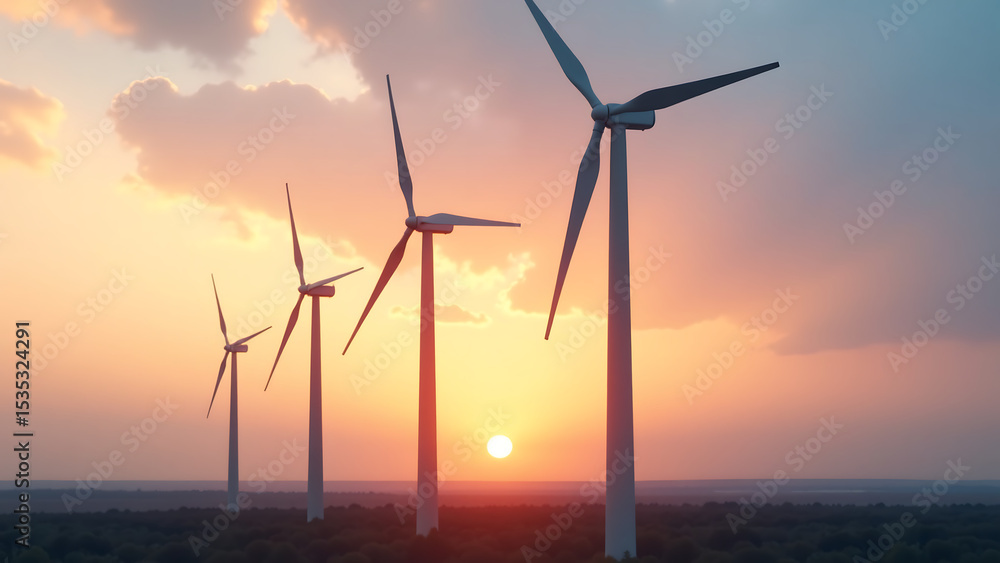 Fototapeta premium cluster wind turbines stand tall serene sky dusk slender blades slowly rotating sun sets soft golden