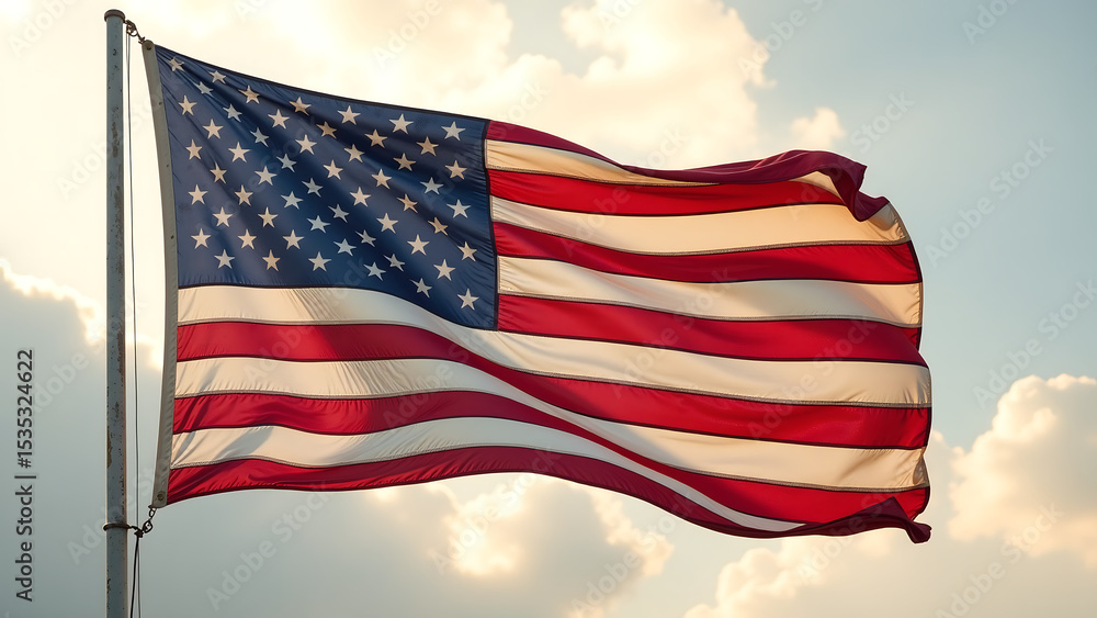 Fototapeta premium faded vintage american flag waves gently breeze stripes stars fluttering soft natural background