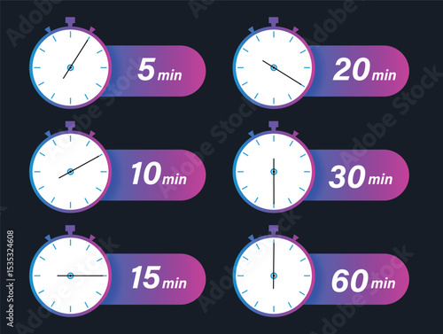 Time Management Icons Stopwatch Set for 5, 10, 15, 20, 30, and 60 Minutes