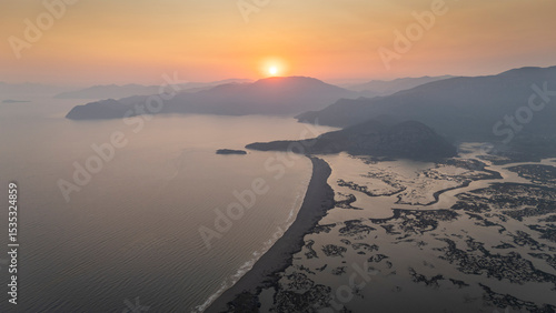 Fototapeta Naklejka Na Ścianę i Meble -  Aerial drone view of Dalyan delta and Iztuzu beach. Turkey. 