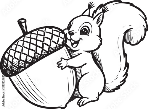 A black and white cartoon sketch of a squirrel holding an acorn bigger than its head cartoon, sketch, black and white, outline