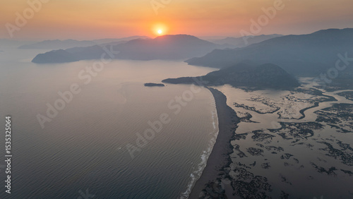 Fototapeta Naklejka Na Ścianę i Meble -  Aerial drone view of Dalyan delta and Iztuzu beach. Turkey. 