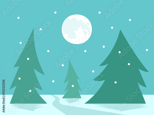 Winter Forest Landscape with Full Moon, Snowy Pine Trees – Vector Illustration for Christmas, New Year, Background, Card, Print.