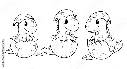 Fototapeta Naklejka Na Ścianę i Meble -  Cute baby dinosaurs hatching from eggs coloring page vector illustration for kids art on transparent background