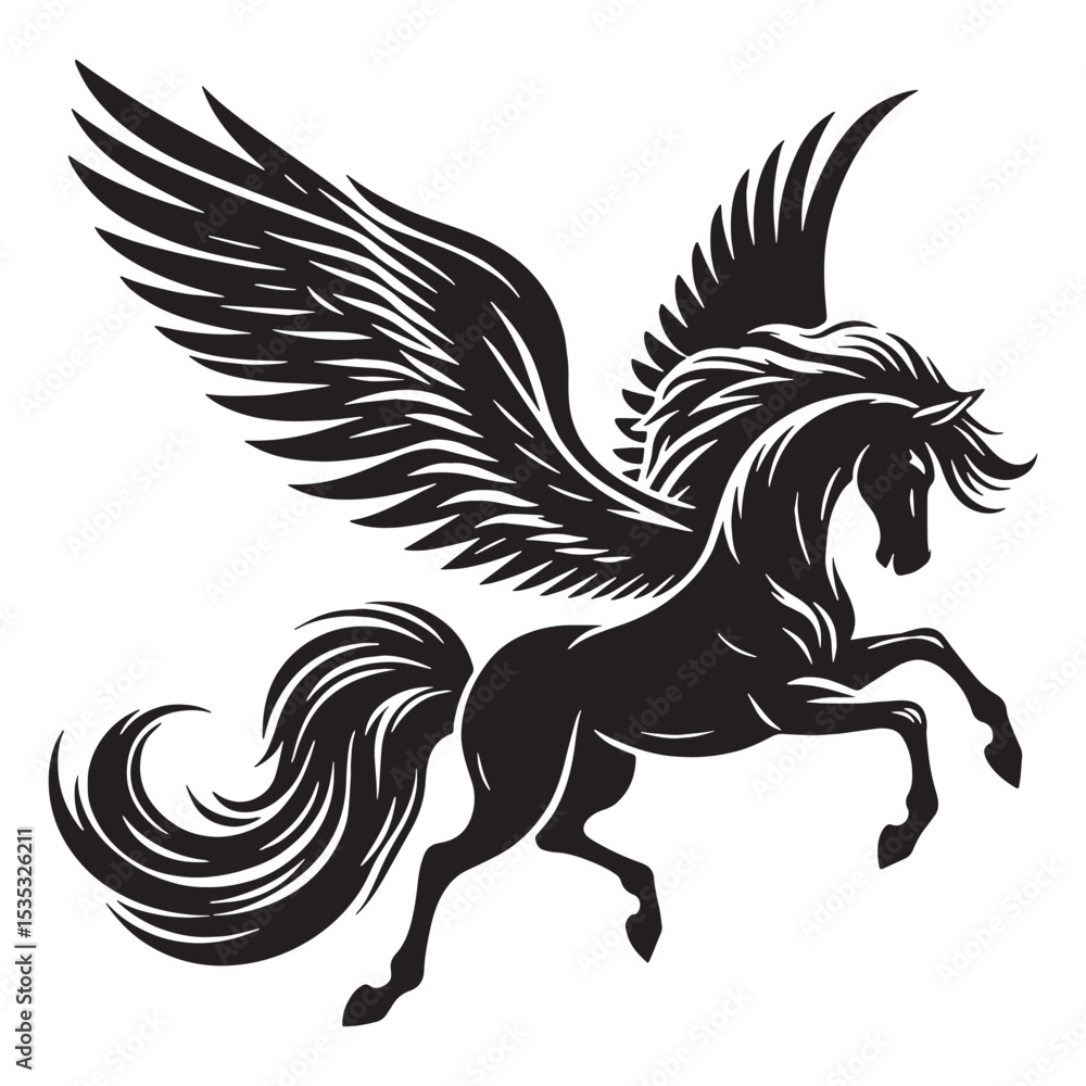 Fototapeta premium Ethereal Shadowy Pegasus Divine Steed Graphic Vector with Spirited Posture and Flowing Tail - pegasus silhouette - pegasus vector - silhouette of pegasus - mythical creature vector 