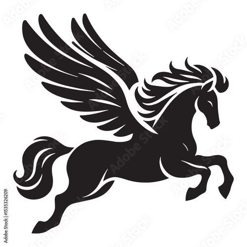 Monochrome Pegasus Celestial Flyer Form Depiction with Feathered Wings and Noble Gaze - pegasus silhouette - pegasus vector - silhouette of pegasus - Pegasus illustration - mythical creature 